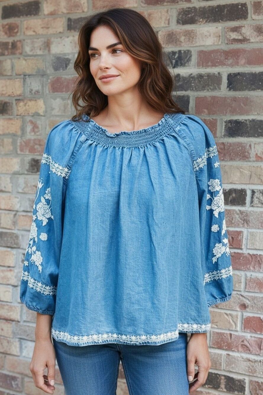 J. Jill Denim Floral Embroidered Blouse Size XL petite